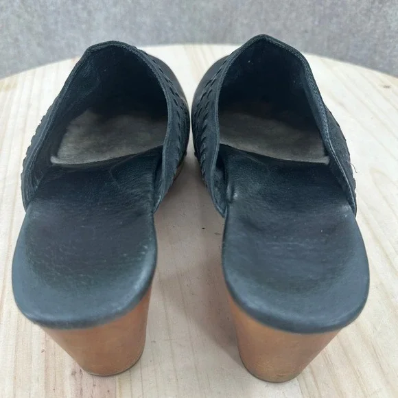 UGG Australia Black Leather Woven Whipstitch Wood Heel Studded Clogs Mules 8 - Picture 11 of 14